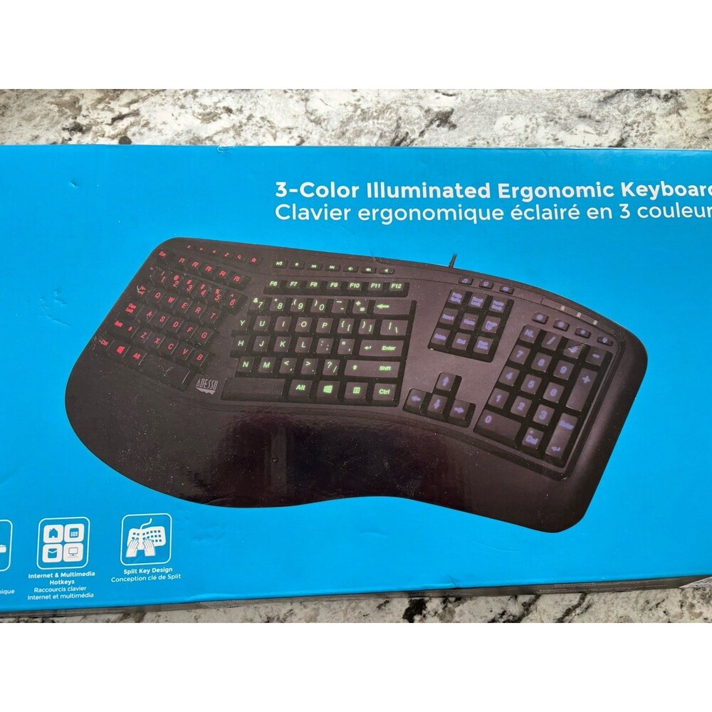 Adesso Tru-Form 150 3-Color Illuminated USB Ergonomic Keyboard AKB-150EB